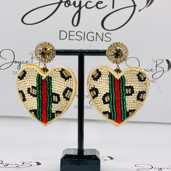 Heart Earrings with Beaded Leopard Pattern - Picture 1 of 1